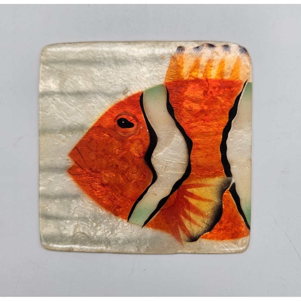 Vintage Capiz Shell Clownfish Coaster Iridescent Tropical Fish Decor 4x4 Square